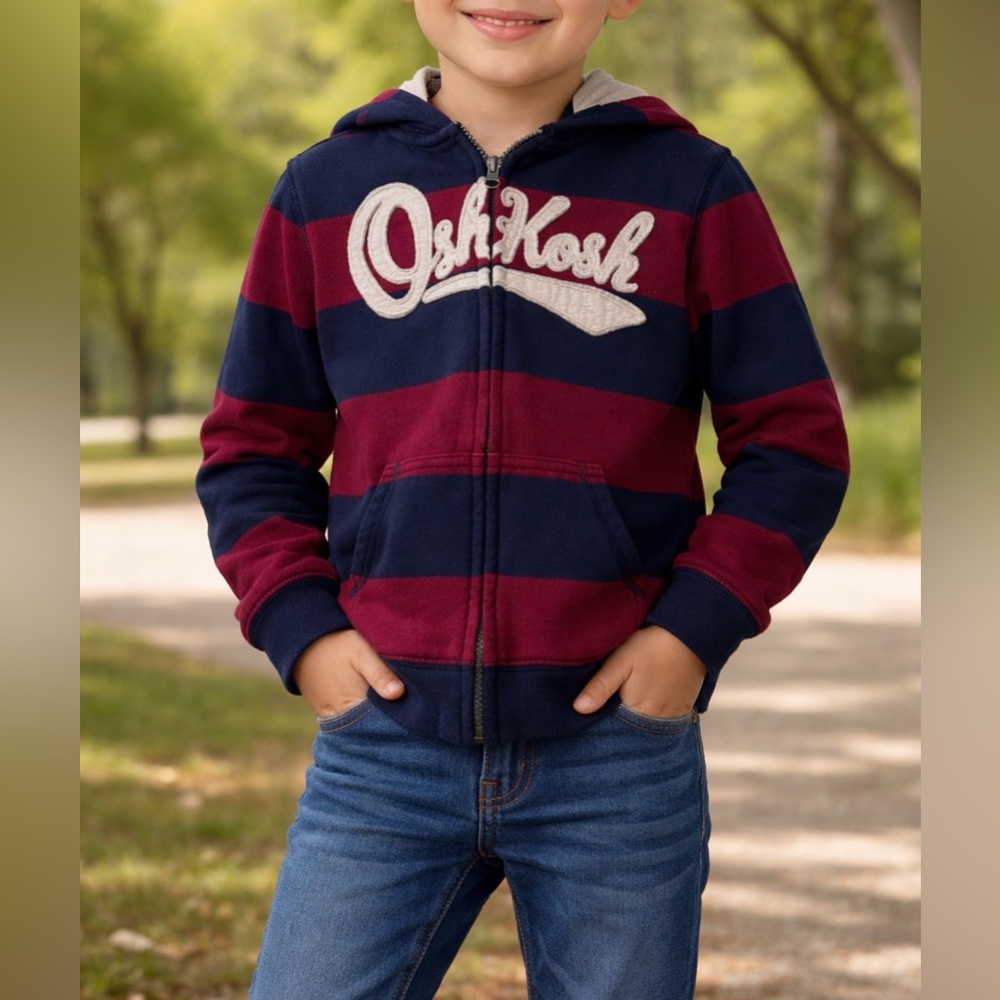 OshKosh Boys Zip Up Hoodie Striped Logo Sweatshirt Size 7